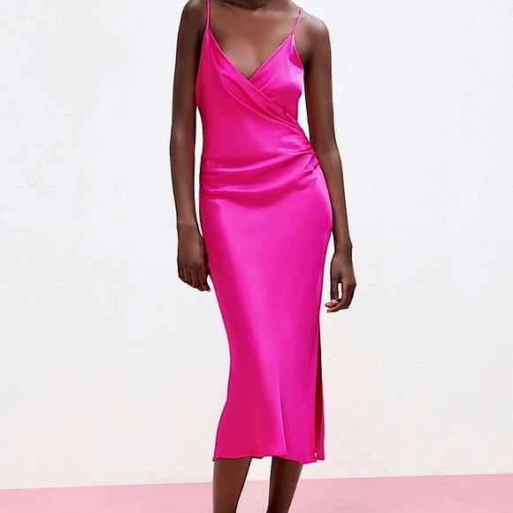 Zara Draped Camisole Midi Slip Dress in Barbie Hot Pink - Picture 16 of 16